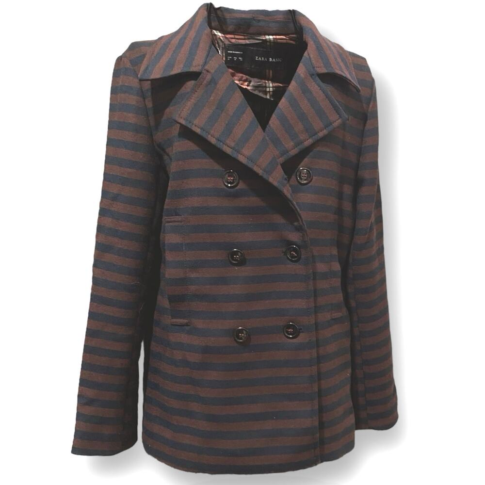 Zara Basic Blazer Size Medium Double-Breasted Navy Maroon Striped Jacket